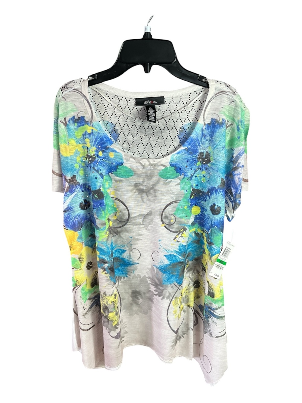 NWT Style & Co Floral Handkerchief Hem Crochet Back Top Size L